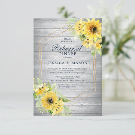 Rustic Sunflower Greenery Rehearsal Dinner Invite Kaart (Staand voorkant)