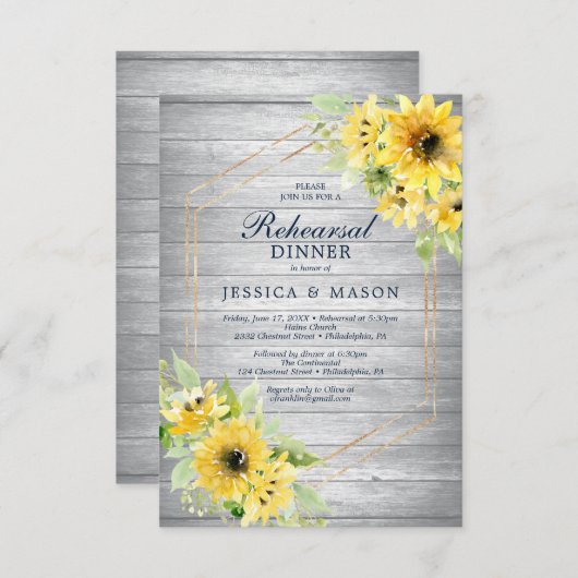 Rustic Sunflower Greenery Rehearsal Dinner Invite Kaart (Voorkant / Achterkant)