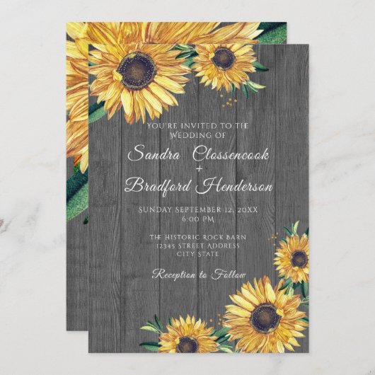 Rustic Sunflower Grey Wood Weddenschap Kaart (Voorkant / Achterkant)