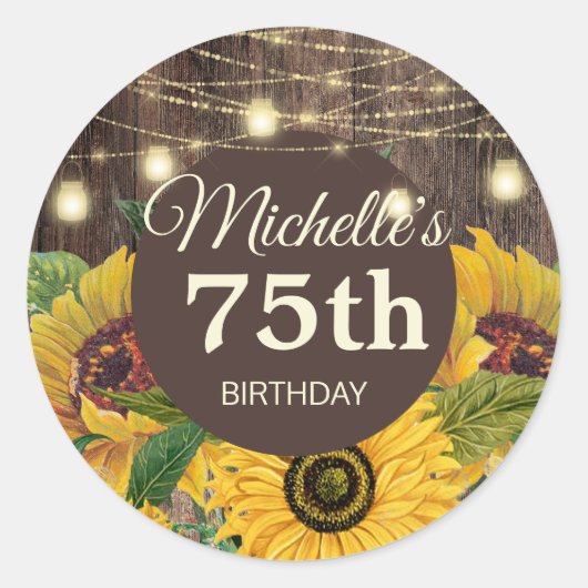 Rustic Sunflower Hood String Lights 75th Birthday Ronde Sticker (Voorkant)