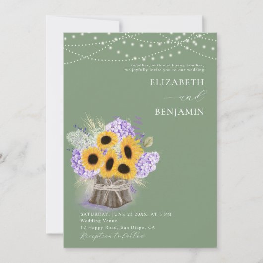 Rustic Sunflower Hydrangea Elegant Green Wedding Kaart (Voorkant)