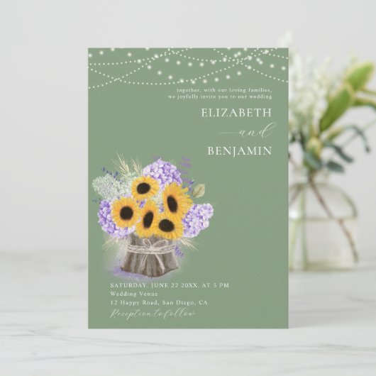 Rustic Sunflower Hydrangea Elegant Green Wedding Kaart (Staand voorkant)