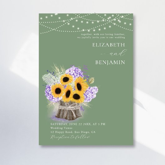 Rustic Sunflower Hydrangea Elegant Green Wedding Kaart