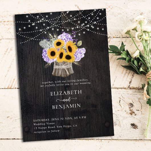Rustic Sunflower Hydrangea Elegant Wood Wedding Kaart