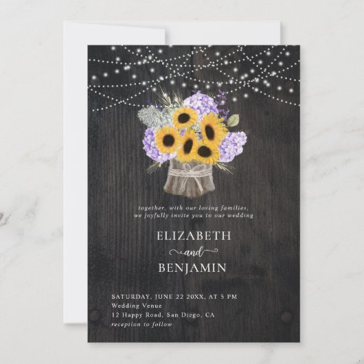 Rustic Sunflower Hydrangea Elegant Wood Wedding Kaart (Voorkant)
