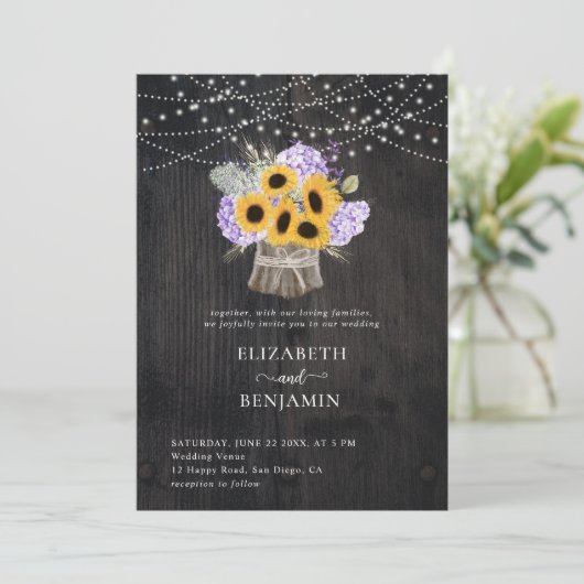 Rustic Sunflower Hydrangea Elegant Wood Wedding Kaart (Staand voorkant)