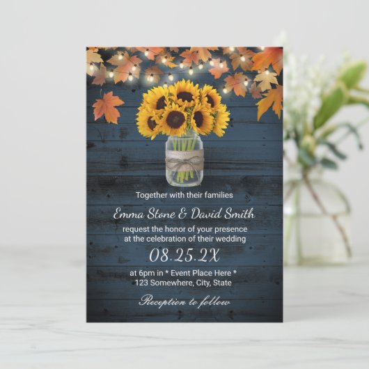 Rustic Sunflower Jar Navy Barn Wood Fall Wedding Kaart (Staand voorkant)