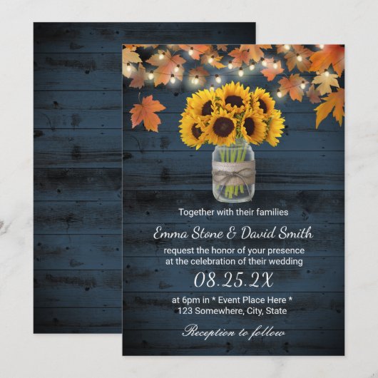 Rustic Sunflower Jar Navy Barn Wood Fall Wedding Kaart (Voorkant / Achterkant)