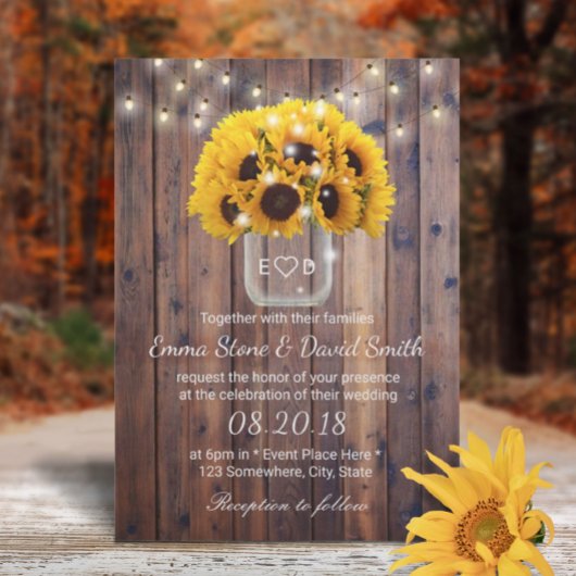 Rustic Sunflower Jar String Lights Barn Wedding Kaart