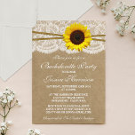 Rustic Sunflower Kraft, Lace & Twine Bachelorette Kaart<br><div class="desc">Deze mooie uitnodiging van de zonnebloem, Kraft, Lace en Tine Bachelorette zal de perfecte aankondiging zijn voor elke bruid die je wilt zijn! Het ontwerp is voorzien van een prachtige rustic Kraft paper effect background met een romantische witte kant effect trim afgewerkt met een verbluffende zonnebloem en twine. Deze uitnodigingen...</div>
