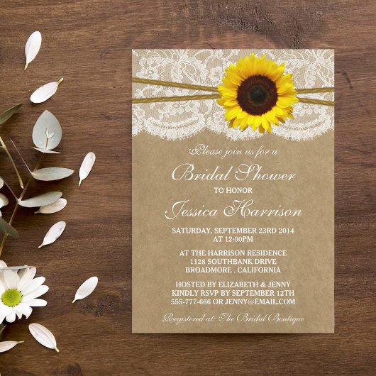 Rustic Sunflower Kraft Lace & Twine Vrijgezellenfe Kaart