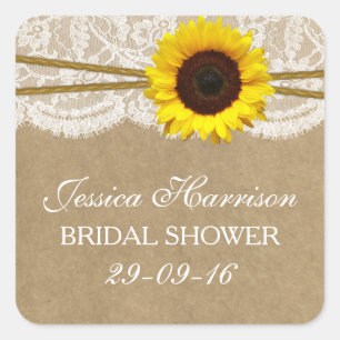 Rustic Sunflower Kraft Lace & Twine Vrijgezellenfe Vierkante Sticker