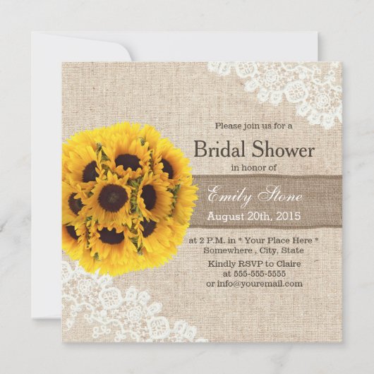 Rustic Sunflower  Lace Burlap Vrijgezellenfeest Kaart (Voorkant)