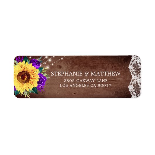 Rustic Sunflower Lace Purple Floral Wood Lights Etiket (Voorkant)
