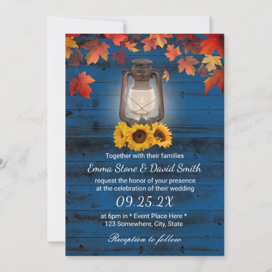 Rustic Sunflower Lantern Blue Fall Wedding Kaart (Voorkant)