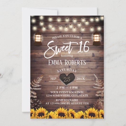 Rustic Sunflower  Lantern Sweet 16 Kaart (Voorkant)