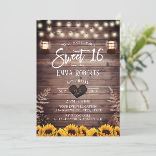 Rustic Sunflower  Lantern Sweet 16 Kaart (Staand voorkant)