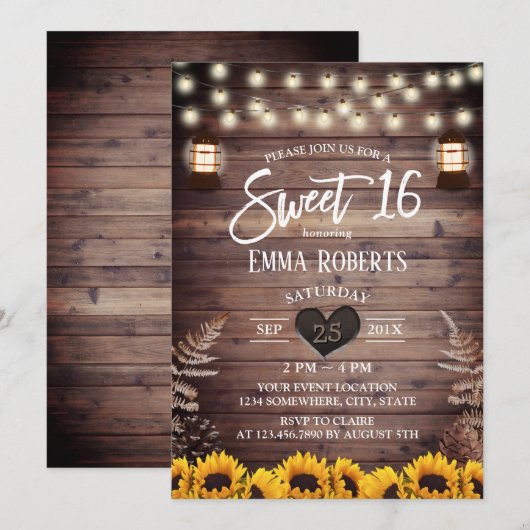 Rustic Sunflower  Lantern Sweet 16 Kaart (Voorkant / Achterkant)