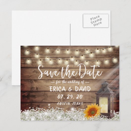 Rustic Sunflower Lantern Wedding Save the Date Aankondigingskaart (Voorkant / Achterkant)