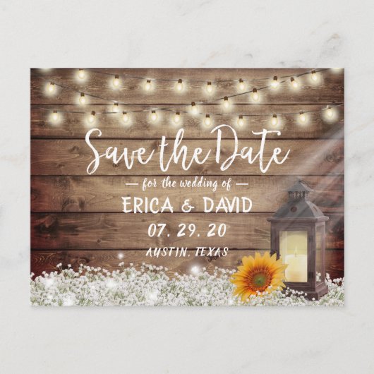 Rustic Sunflower Lantern Wedding Save the Date Aankondigingskaart (Voorkant)