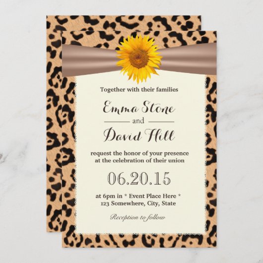 Rustic Sunflower Leopard Print Wedding Invitting Kaart (Voorkant / Achterkant)