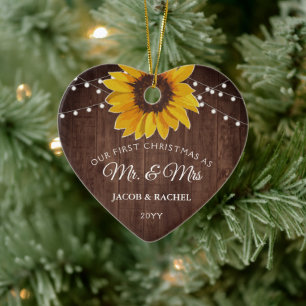 Rustic Sunflower Licht Eerste Kerstmis Mr. & Mrs. Keramisch Ornament