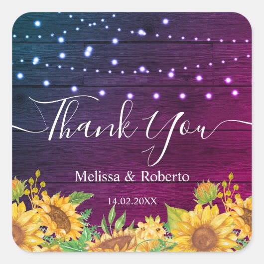 rustic sunflower lights wedding vierkante sticker (Voorkant)