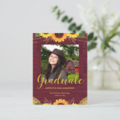 Rustic Sunflower Maroon and Gold Photo Afstuderen Aankondigingskaart (Staand voorkant)