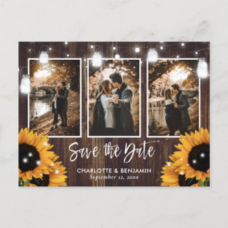 Rustic Sunflower Mason Jar 3 Photo Save the Date Aankondigingskaart