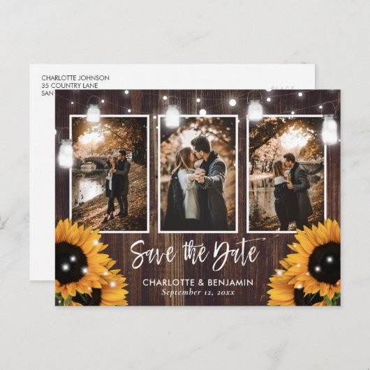 Rustic Sunflower Mason Jar 3 Photo Save the Date Aankondigingskaart (Voorkant / Achterkant)