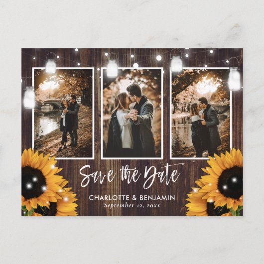 Rustic Sunflower Mason Jar 3 Photo Save the Date Aankondigingskaart (Voorkant)