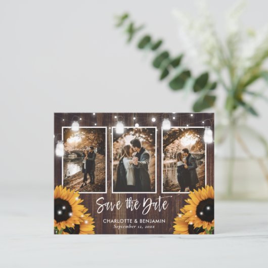 Rustic Sunflower Mason Jar 3 Photo Save the Date Aankondigingskaart (Staand voorkant)