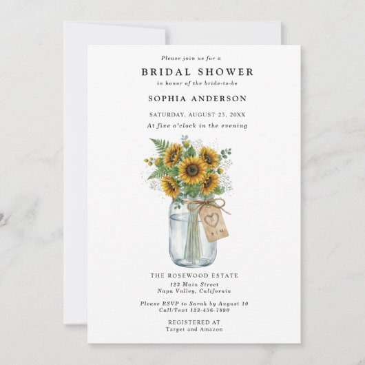 Rustic Sunflower Mason Jar Bridal Shower Kaart (Voorkant)