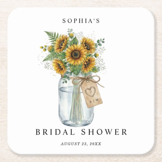 Rustic Sunflower Mason Jar Bridal Shower Square  Kartonnen Onderzetters (Voorkant)
