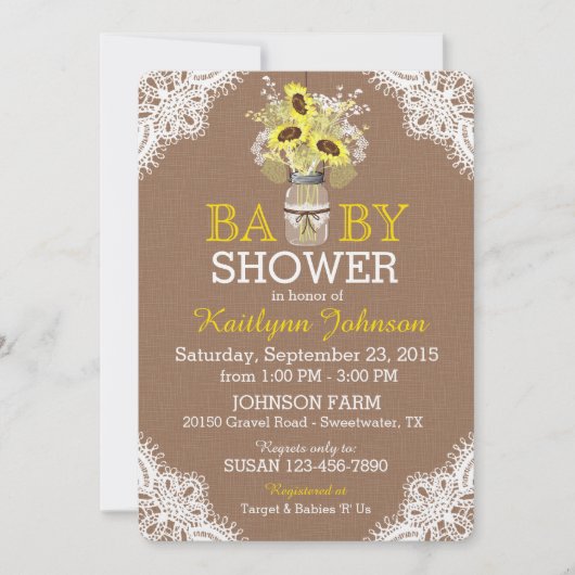 Rustic Sunflower Mason Jar Lace Baby shower Invite Kaart (Voorkant)