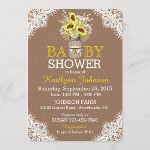Rustic Sunflower Mason Jar Lace Baby shower Invite Kaart