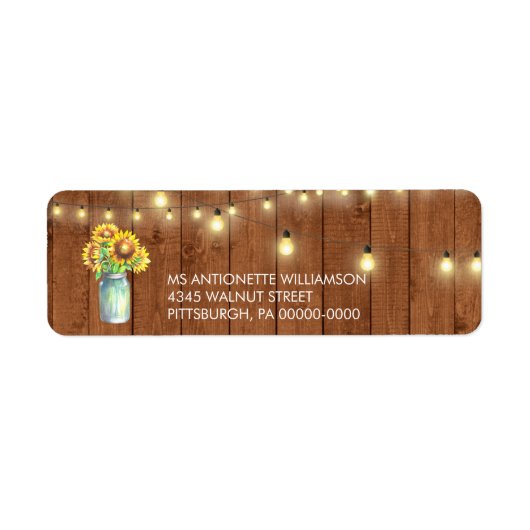 Rustic Sunflower Mason Jar Lights Adres Etiket (Voorkant)
