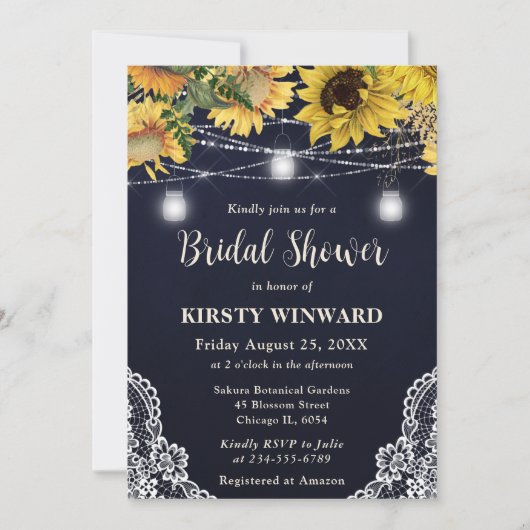 Rustic Sunflower & Mason Jar Lights Bridal Shower Kaart (Voorkant)