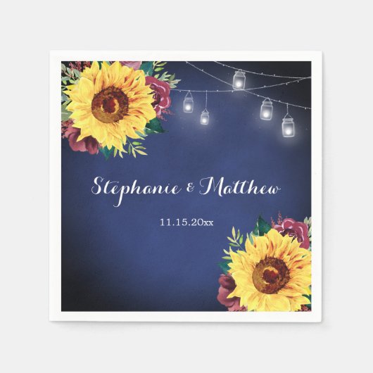 Rustic Sunflower Mason Jar Lights Navy Wedding Servet (Voorkant)