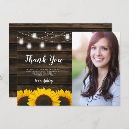 Rustic Sunflower Mason Jar Lights Sweet 16 Bedankkaart (Voorkant / Achterkant)