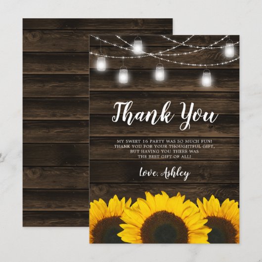 Rustic Sunflower Mason Jar Lights Sweet 16 Bedankkaart (Voorkant / Achterkant)