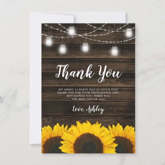 Rustic Sunflower Mason Jar Lights Sweet 16 Bedankkaart (Voorkant)