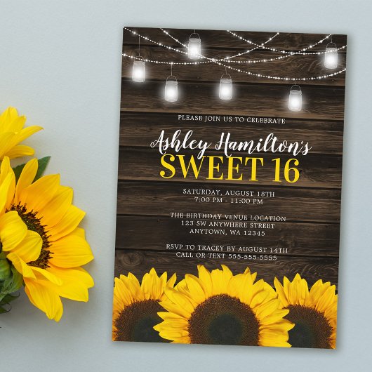Rustic Sunflower Mason Jar Lights Sweet 16 Kaart