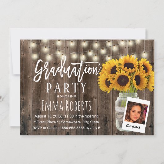 Rustic Sunflower Mason Jar Photo Afstuderen Kaart (Voorkant)
