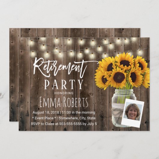 Rustic Sunflower Mason Jar Photo Retirement Kaart (Voorkant / Achterkant)