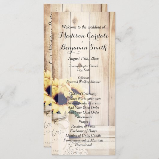 Rustic Sunflower Mason Jar Wedding Programs Programmakaart (Voorkant / Achterkant)