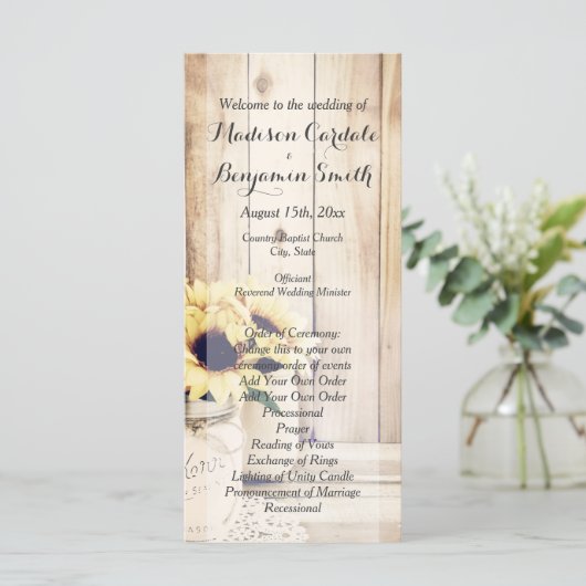 Rustic Sunflower Mason Jar Wedding Programs Programmakaart (Staand voorkant)