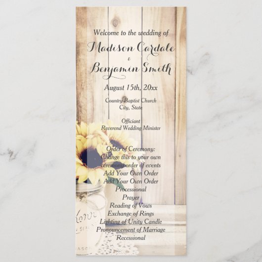 Rustic Sunflower Mason Jar Wedding Programs Programmakaart (Voorkant)