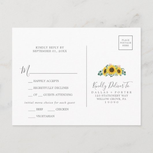 Rustic Sunflower Menu Choice Wedding RSVP Briefkaa (Achterkant)