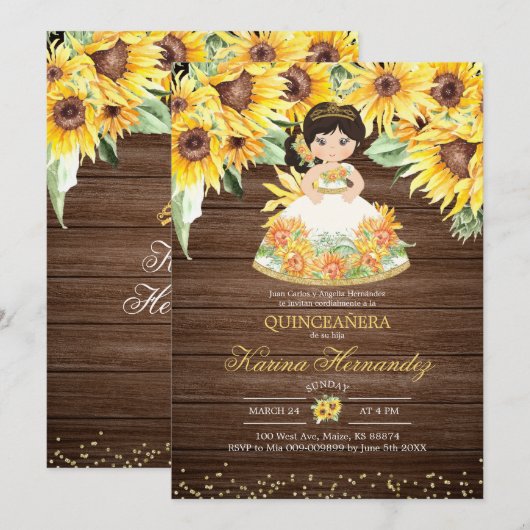 Rustic Sunflower Mexican Girl Mis Quince Invitatio Kaart (Voorkant / Achterkant)